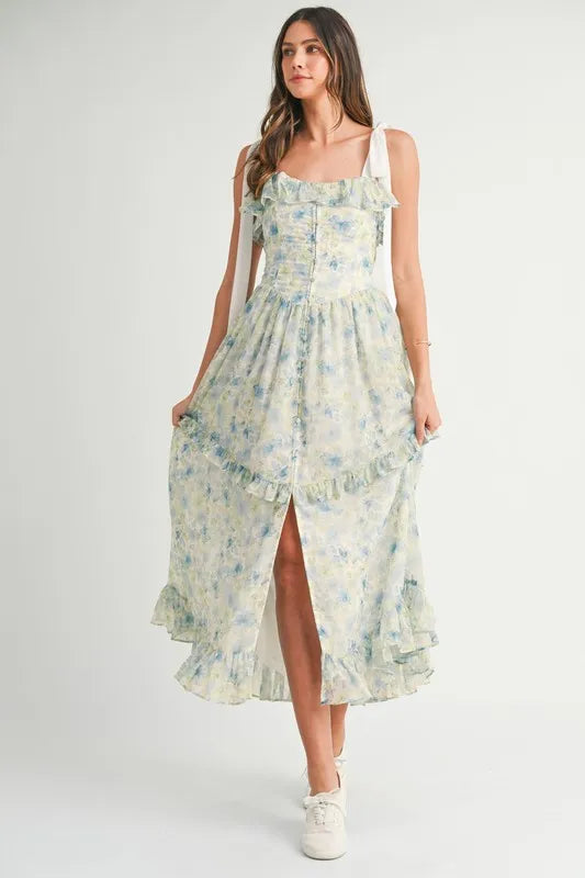 Floral Printed Shoulder Strap Midi Dress in Blue - product view 2