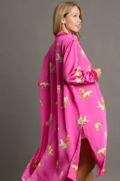 Full Size Animal Print Button Down Midi Shirt Dress Plus Size - Fuchsia Pink - product view 3