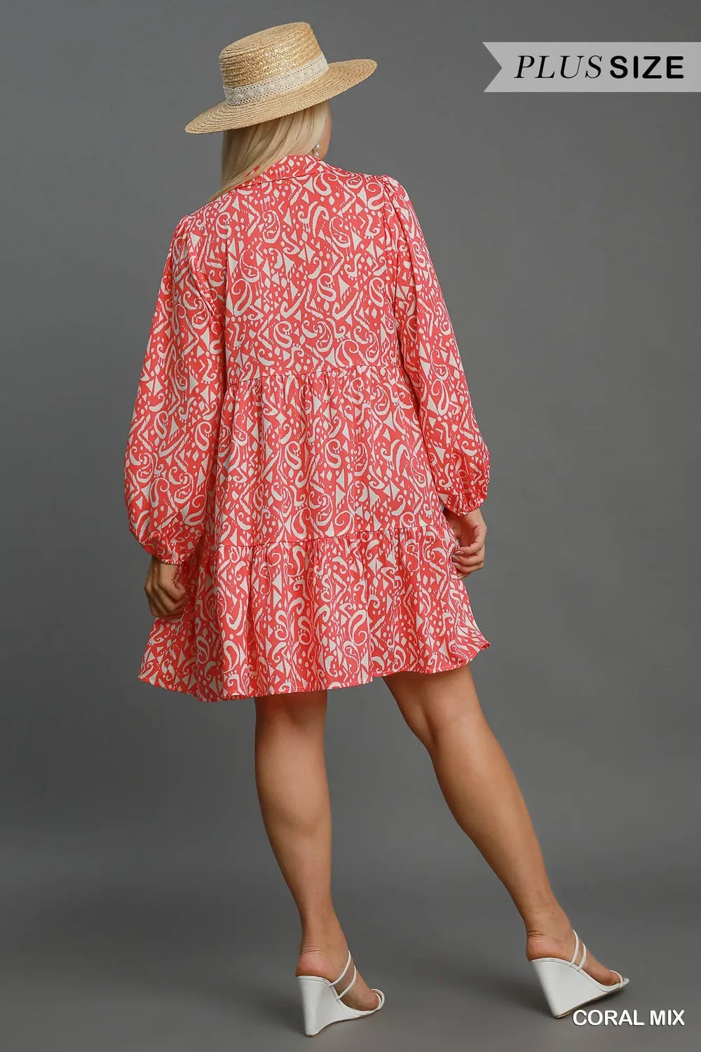 Full Size Two Tone Print Balloon Sleeve Tiered Dress Plus Size in Coral Mix - product view 6