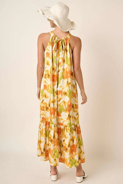 Watercolor Print Halter Neck Satin Maxi Dress in Orange - product view 7