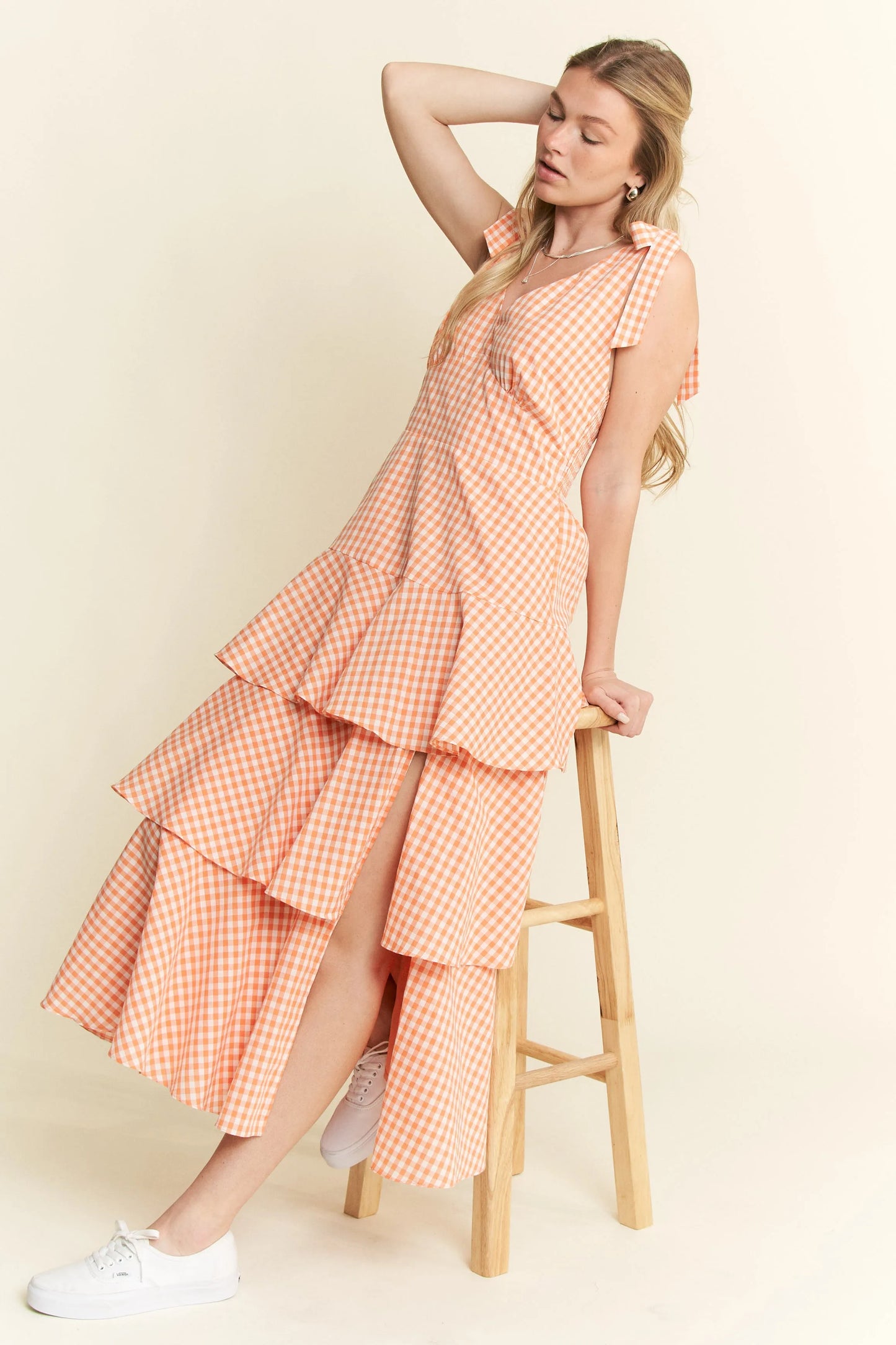 Sleeveless Gingham Print Tiered Midi Dress in Orange - product view 12