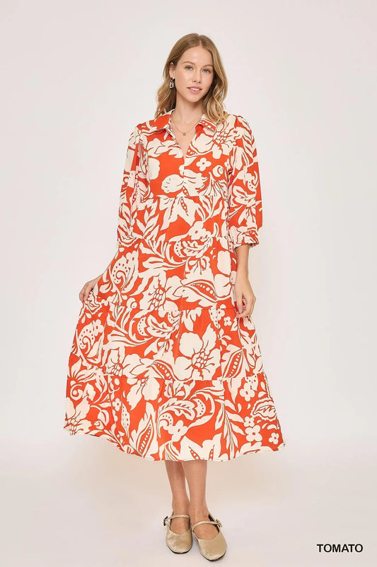 Floral Print Tiered Midi Dress - Tomato - product view 1