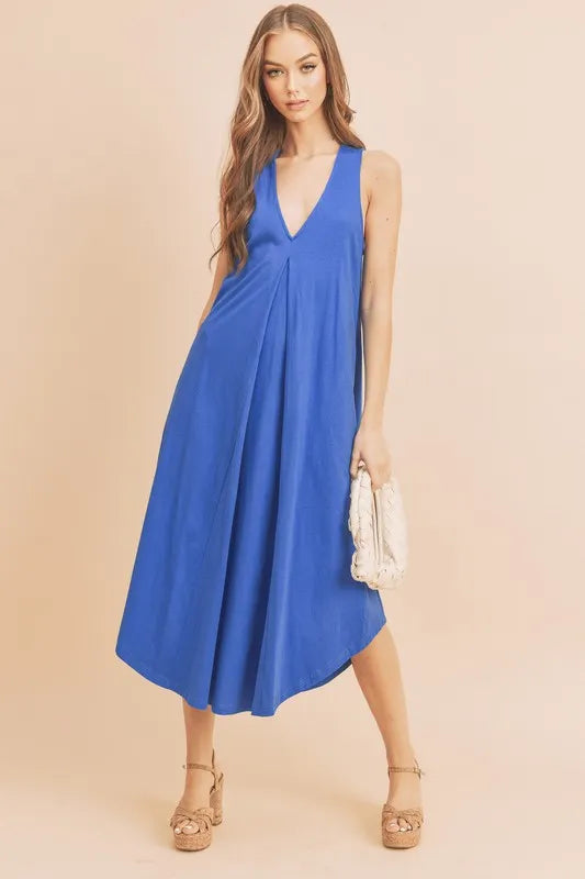 Front Pleat Detail V-Neck Sleeveless Midi Dress in Royal Blue - product view 1