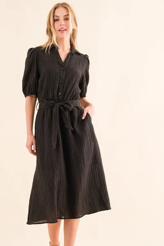 Waffle Textured Ribbon Waist Midi Dress in Black - product view 4