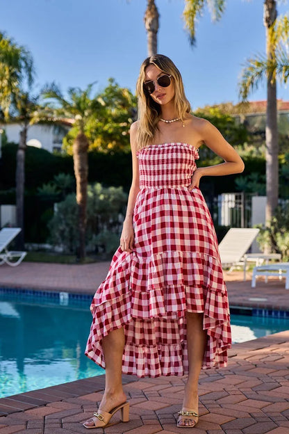 Smocked Body Off Shoulder Check Dress - Red/Ivory - product view 1