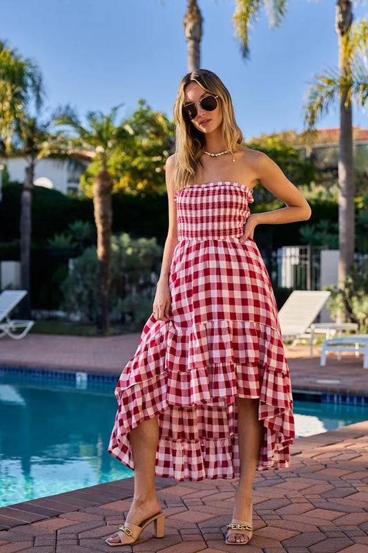 Smocked Body Off Shoulder Check Dress - Red/Ivory - product view 1