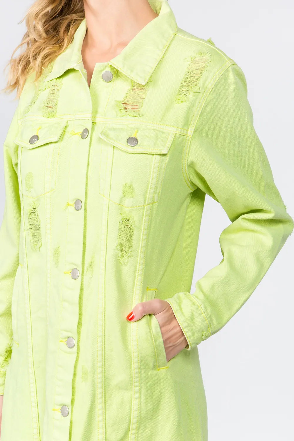 Button Up Distressed Denim Dress in Lime - product view 5