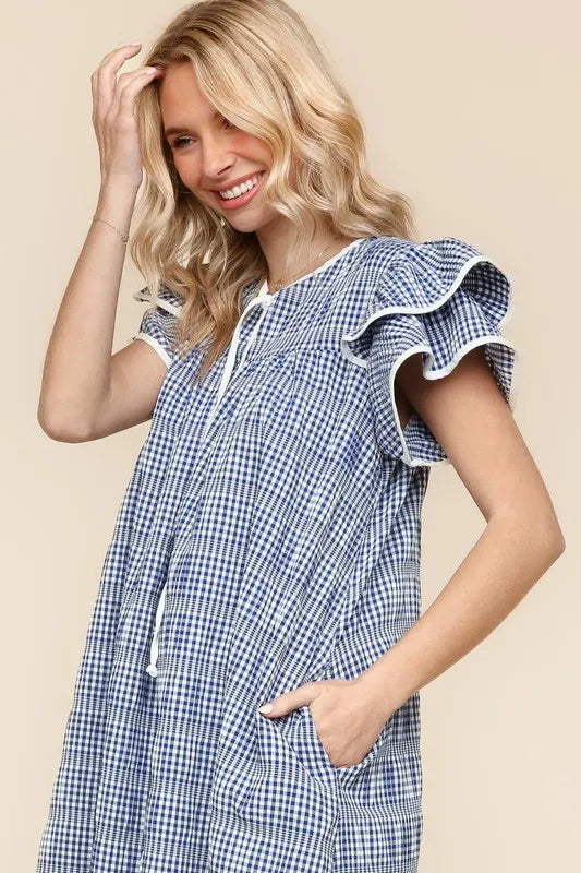 Double Ruffle Sleeve Dress with Side Pockets in Navy - product view 8
