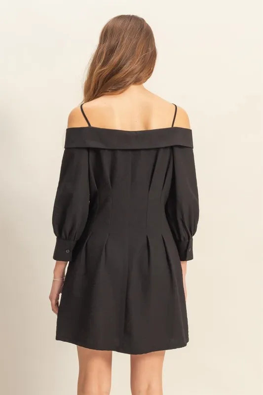 Button Down Spaghetti Strap Mini Dress with Pockets - Black - product view 3