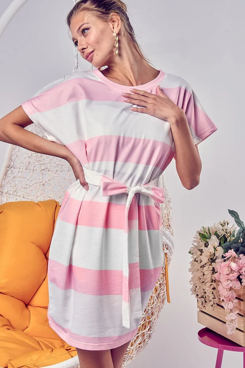 Tie Front Striped Short Sleeve Dress in Blush - product view 1