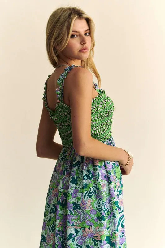 Multi Smocked Bodice Geo Ruffle Strappy Midi Dress - Hunter Green - product view 10