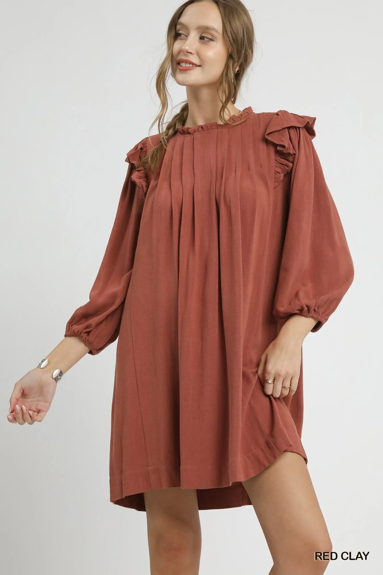 Linen Ruffle Shoulder Pleated Babydoll Dress - Red Clay - product view 1