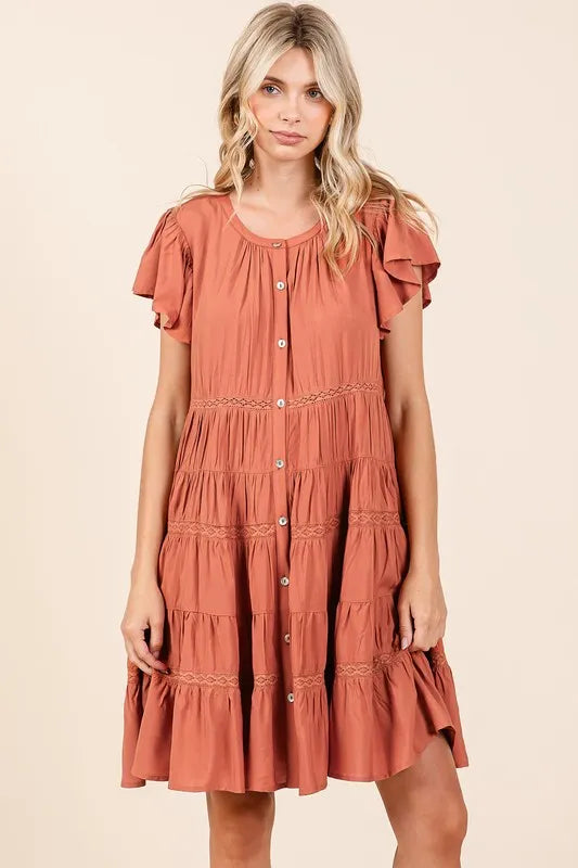 Lace Detail Ruffled Button Down Tiered Dress - Pumpkin - product view 2