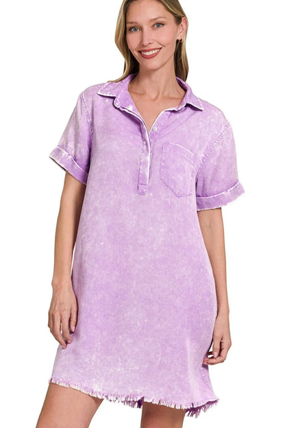 Tencel Mineral Washed Collared Shirts Dress - B Lavender - product view 2