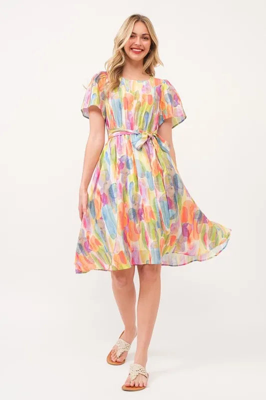 Watercolor Print Tie Front Midi Dress - Orange Combo - product view 1