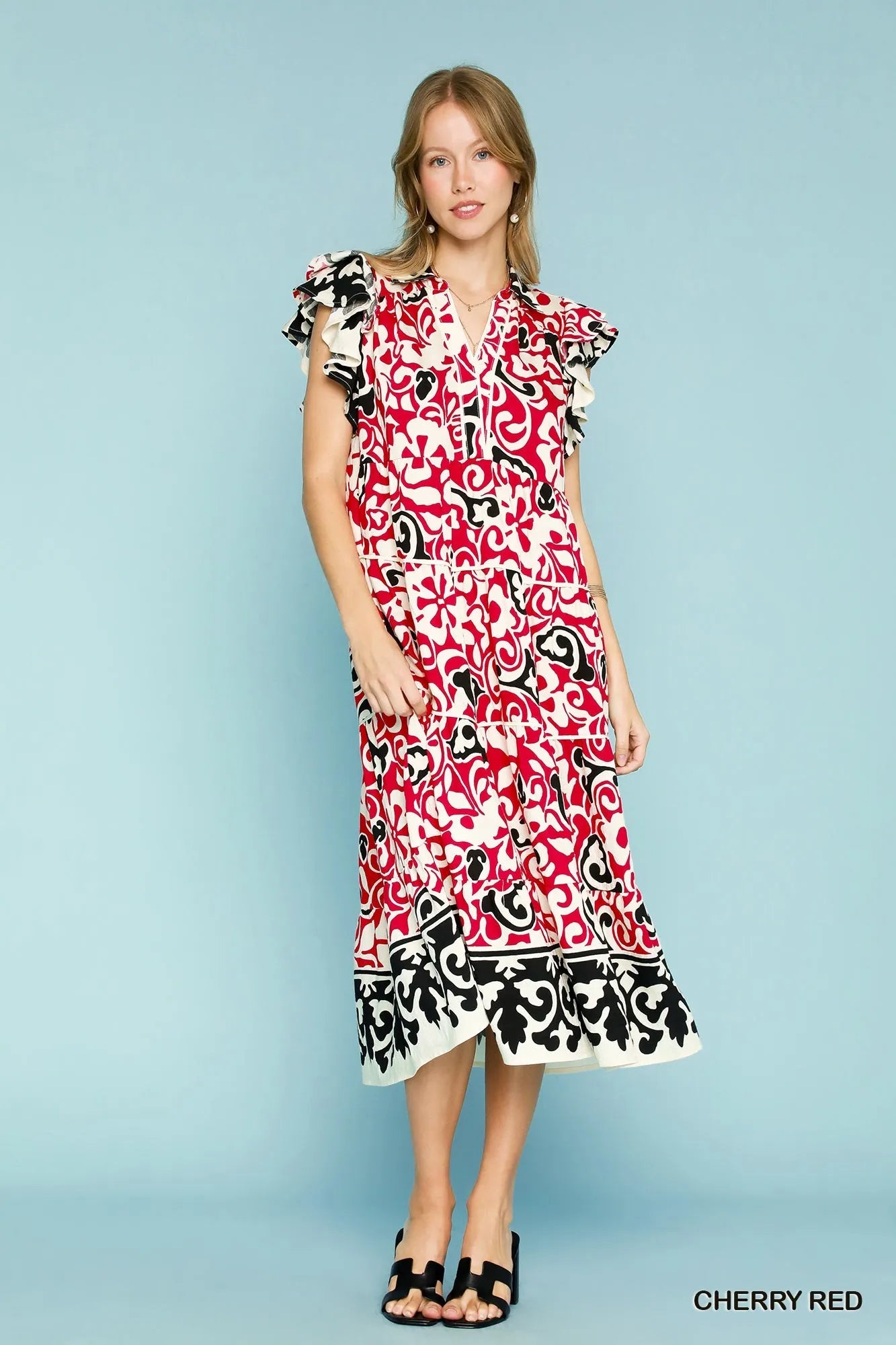 Printed Ruffled Cap Sleeve Midi Dress in Cherry Red - product view 4