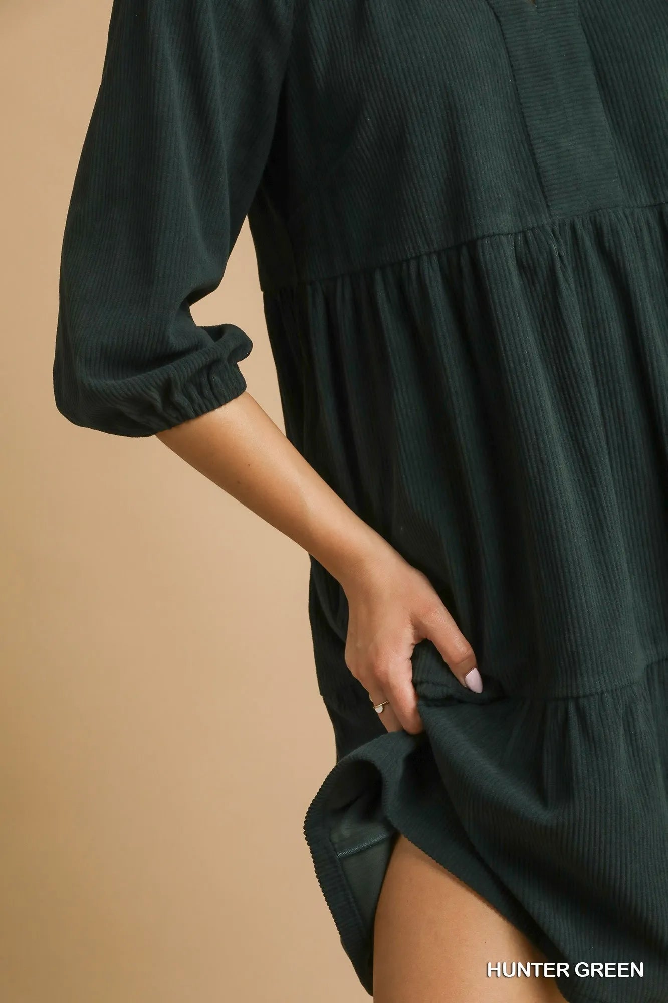 Tiered Johnny Collar Balloon Sleeve Dress in Hunter Green - product view 5