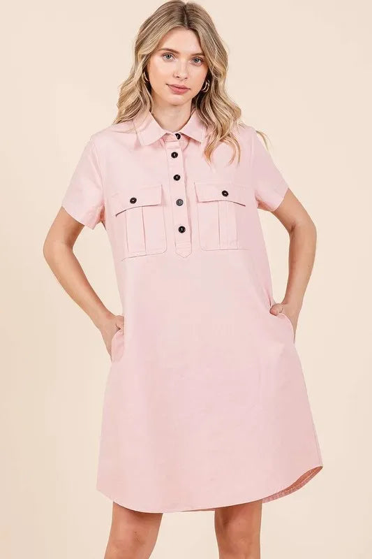 Button Detail Collared Neck Short Sleeve Shirt Dress - Baby Pink - product view 1