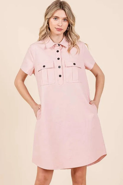 Button Detail Collared Neck Short Sleeve Shirt Dress - Baby Pink - product view 1