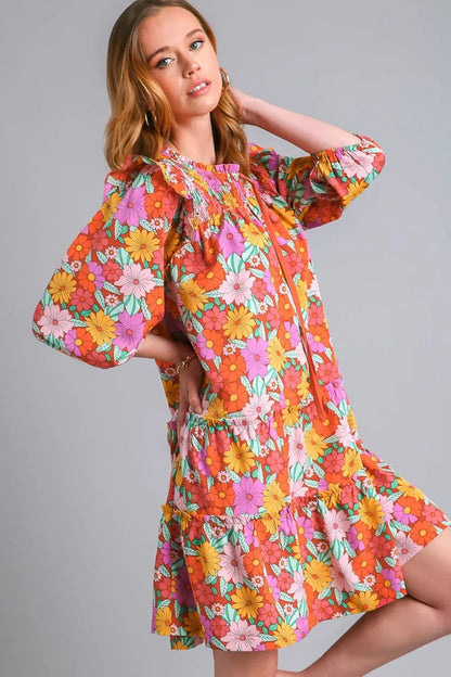 Full Size Ruffled Flower Print Tie Neck Tiered Dress Plus Size in Brown Mix - product view 2