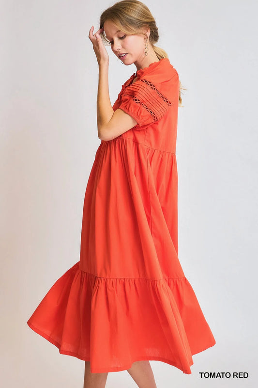 Short Sleeve Lace-Trim Ruffled Midi Dress in Tomato Red - product view 2