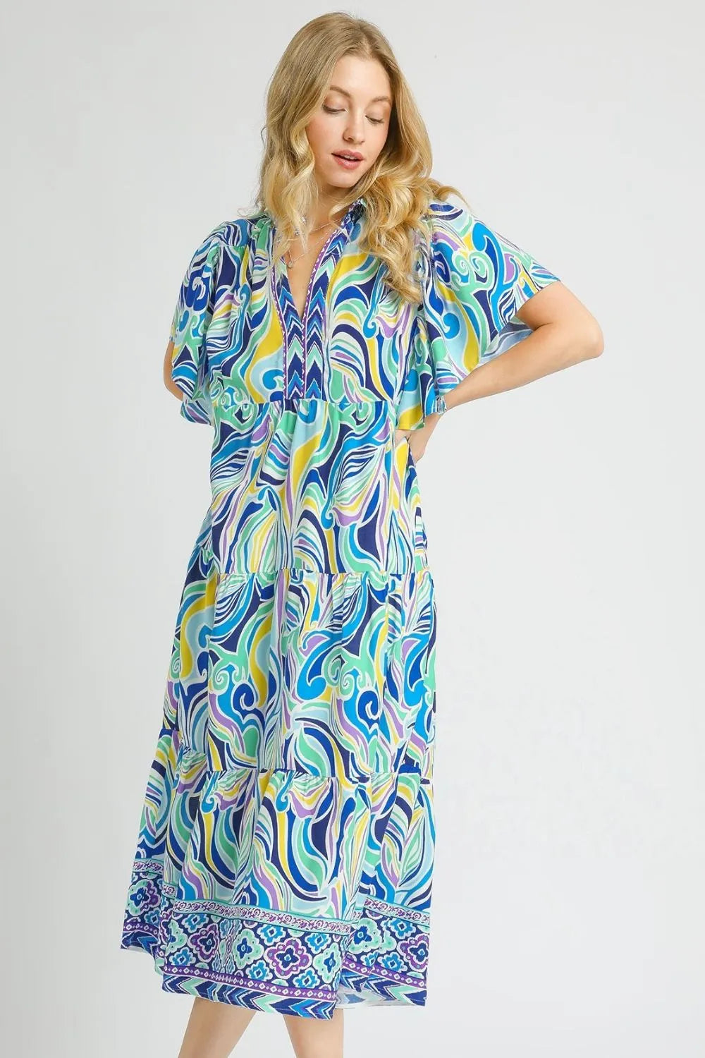 Printed Short Sleeve Tiered Midi Dress in Pastel Blue - product view 1