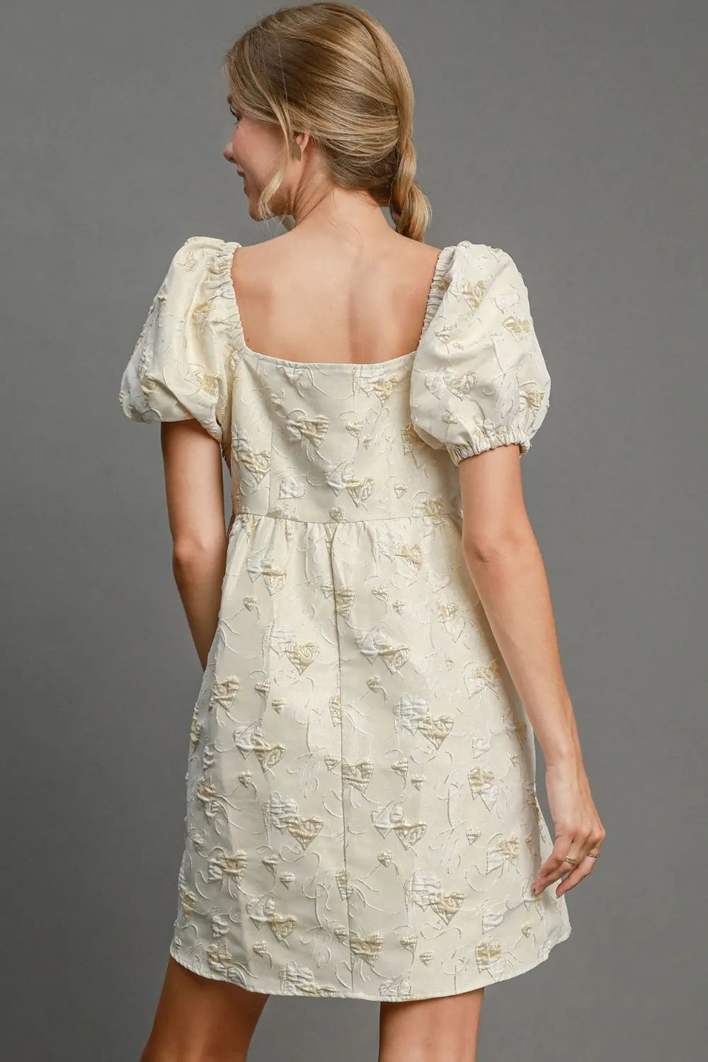 Heart Jacquard Square Neck Puff Sleeve Mini Dress - Cream - product view 2