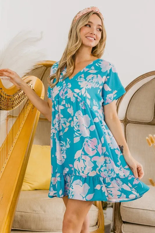 Floral Crinkle Shirred Ruffle Detail V Neck Dress in Soft Blue - product view 3