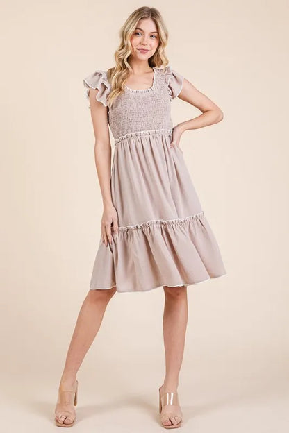 Ruffle Trim Smocked Dress with Contrast in Taupe - product view 1