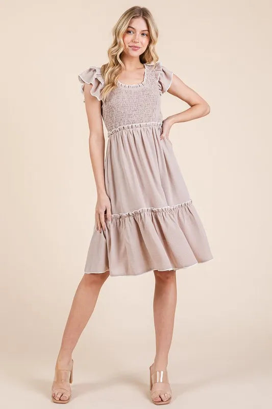 Ruffle Trim Smocked Dress with Contrast in Taupe - product view 1