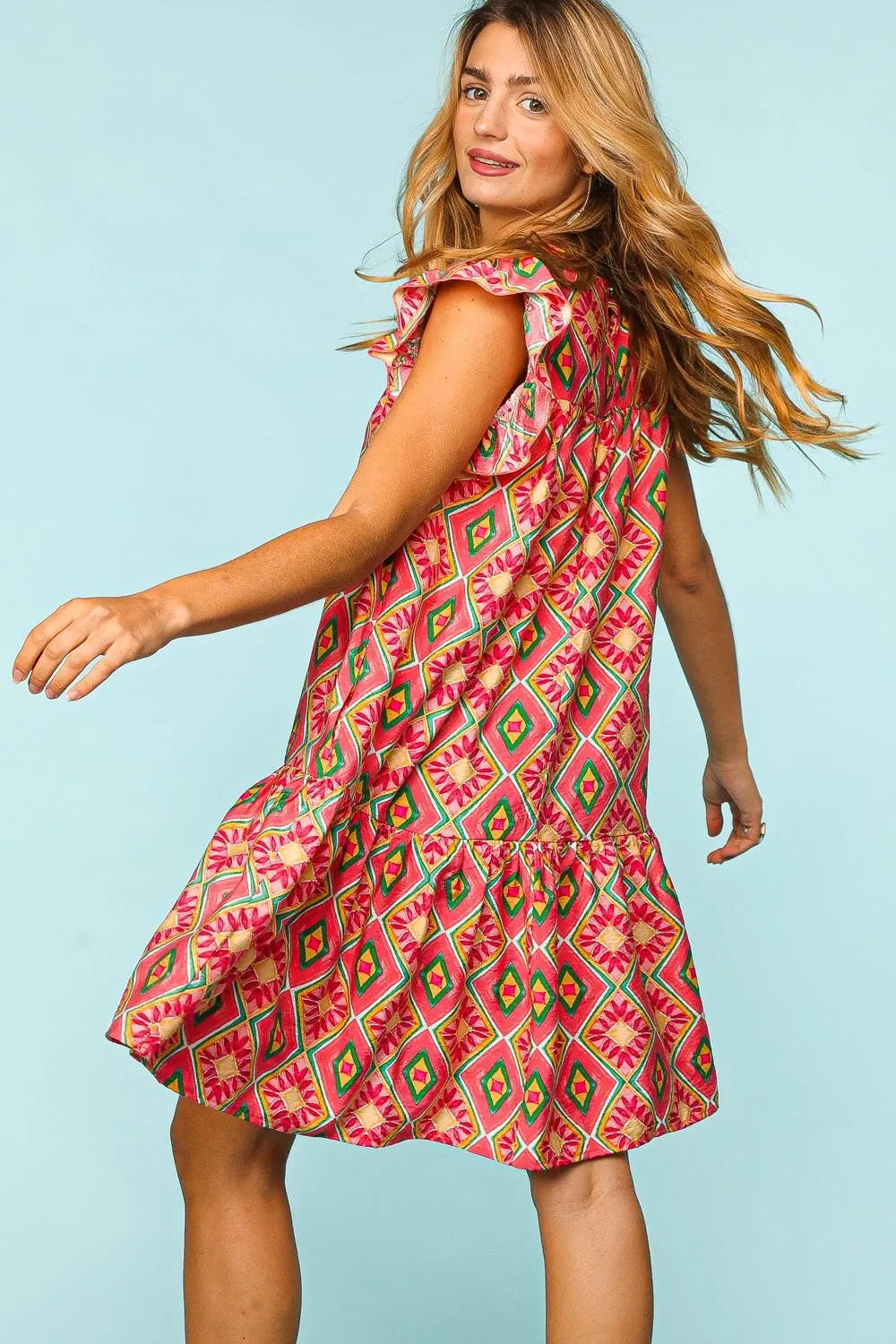 Full Size Ruffled Printed Dress with Side Pockets in Coral - product view 2