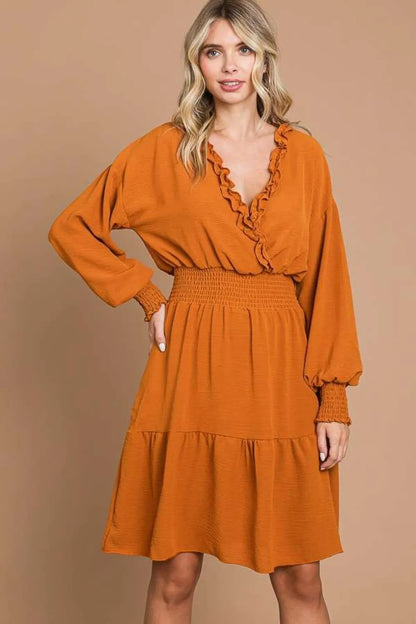 Full Size Frill Smocked Lantern Sleeve Mini Dress in Ginger - product view 1