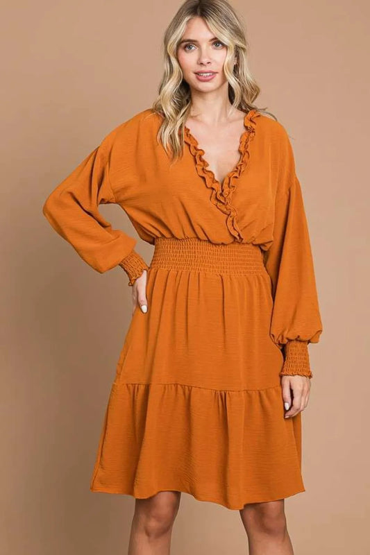 Full Size Frill Smocked Lantern Sleeve Mini Dress in Ginger - product view 1