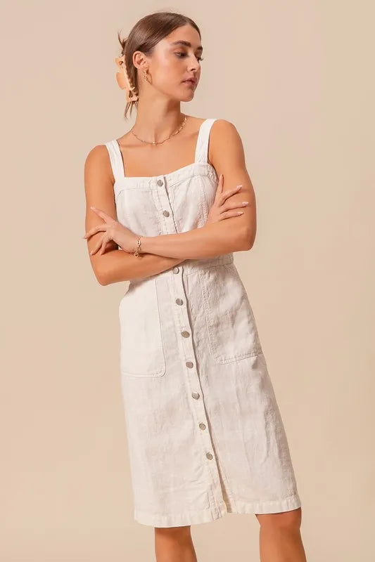 Button Down Pocket Front Pinafore Dress - Off White - product view 7