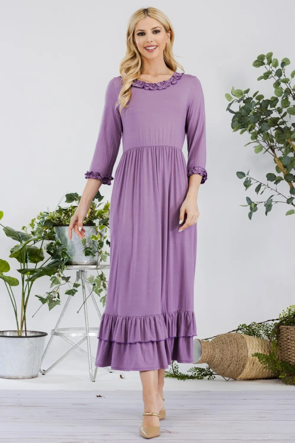 Full Size Layered Ruffle Hem Dress with Pockets in Lilac - product view 1