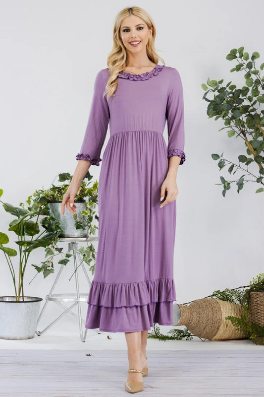 Full Size Layered Ruffle Hem Dress with Pockets in Lilac - product view 1