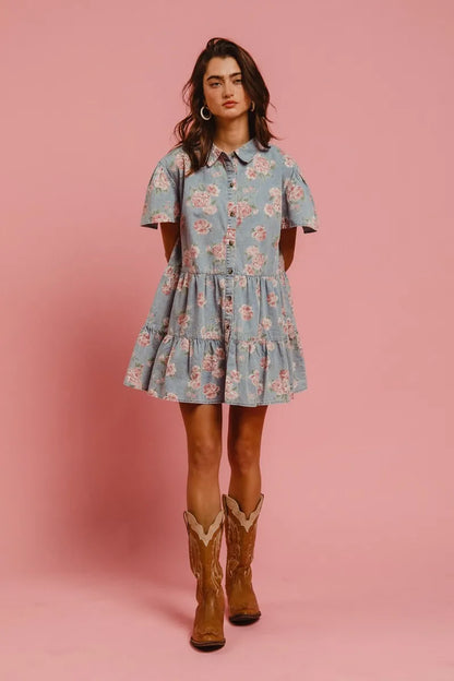 Floral Print Washed Lightweight Tiered Shirt Dress in Lt Denim - product view 5