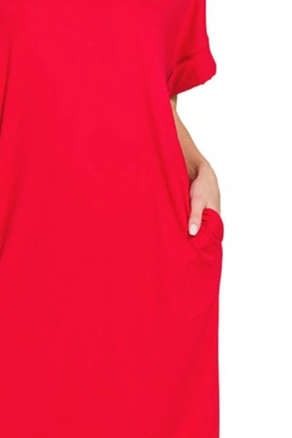 Rolled Short Sleeve Round Neck Dress - Ruby - product view 3