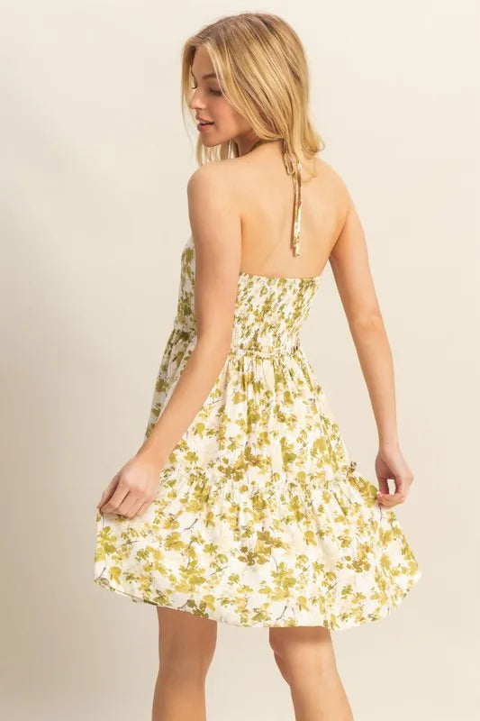 Floral Print Halter Neck Tiered Mini Dress in Yellow-Green - product view 3