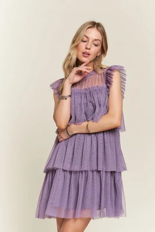 Layered Ruffled Cap Sleeve Mesh Dress in Mauve - product view 1