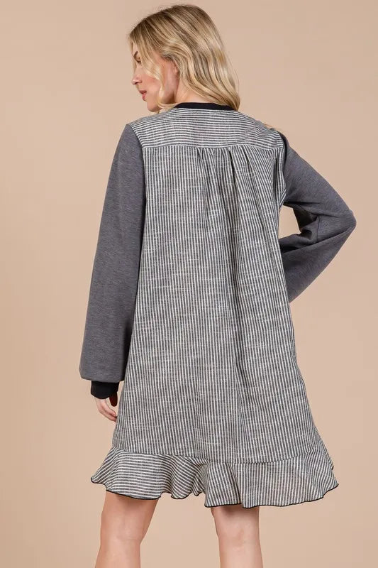 Ces Femme Striped Patchwork Round Neck Terry Sweatshirt Dress in Charcoal - product view 2