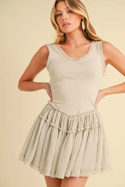 Frill Sleeveless Drop Waist Mini Dress - Oatmeal - product view 2