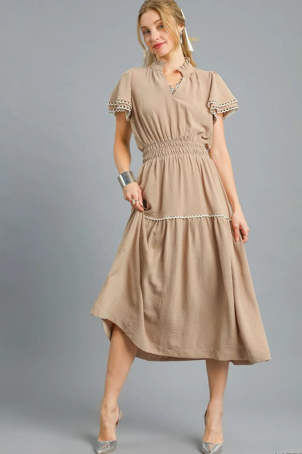 Tiered Flutter Sleeve Midi Dress in Camel - product view 1