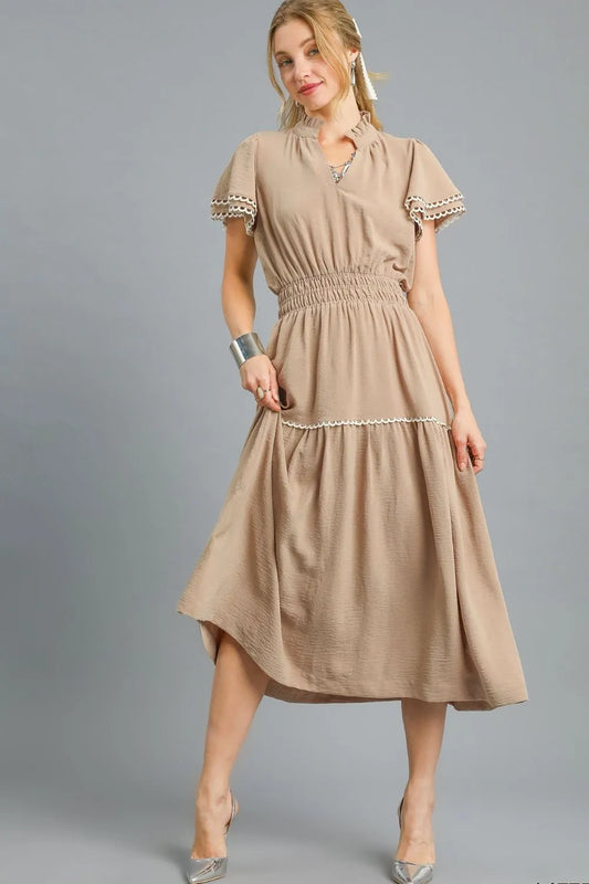 Tiered Flutter Sleeve Midi Dress in Camel - product view 1