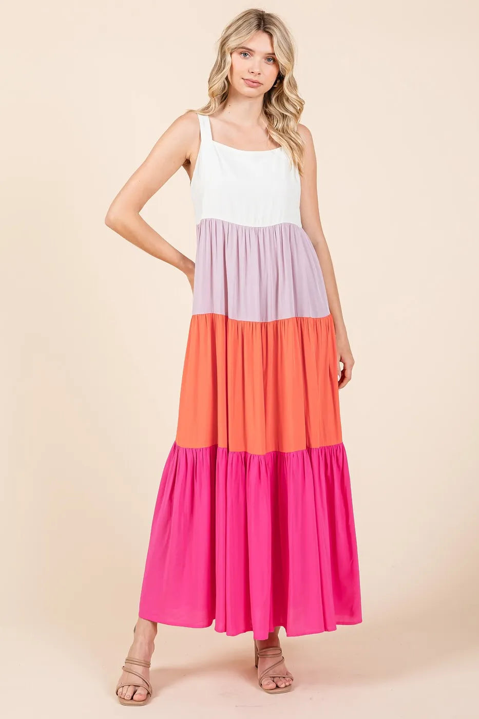 Color Block Tiered Pull-On Maxi Dress - Fuchsia Multi - product view 2