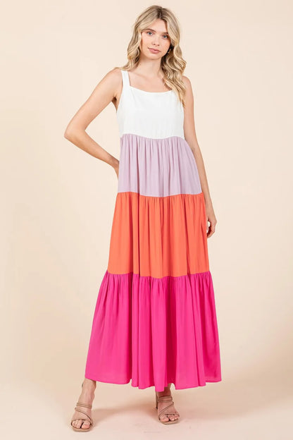 Color Block Tiered Pull-On Maxi Dress - Fuchsia Multi - product view 2