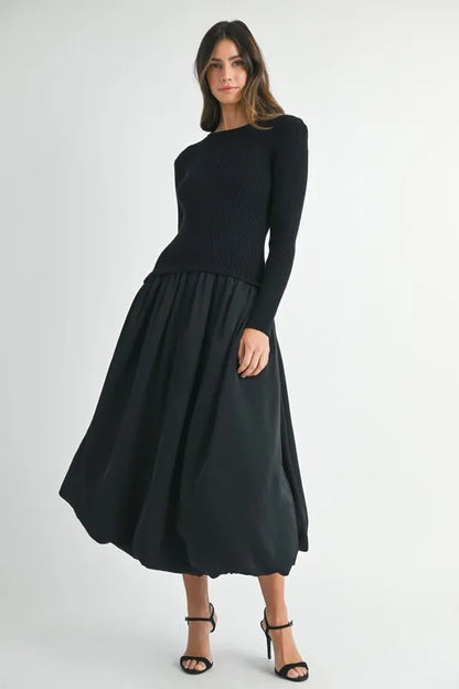 Ribbed Poplin Mix Midi Sweater Dress in Black - product view 6