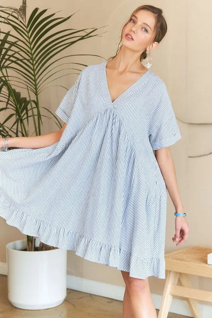 Ruffled Hem Striped V-Neck Babydoll Dress in Light Blue - product view 4