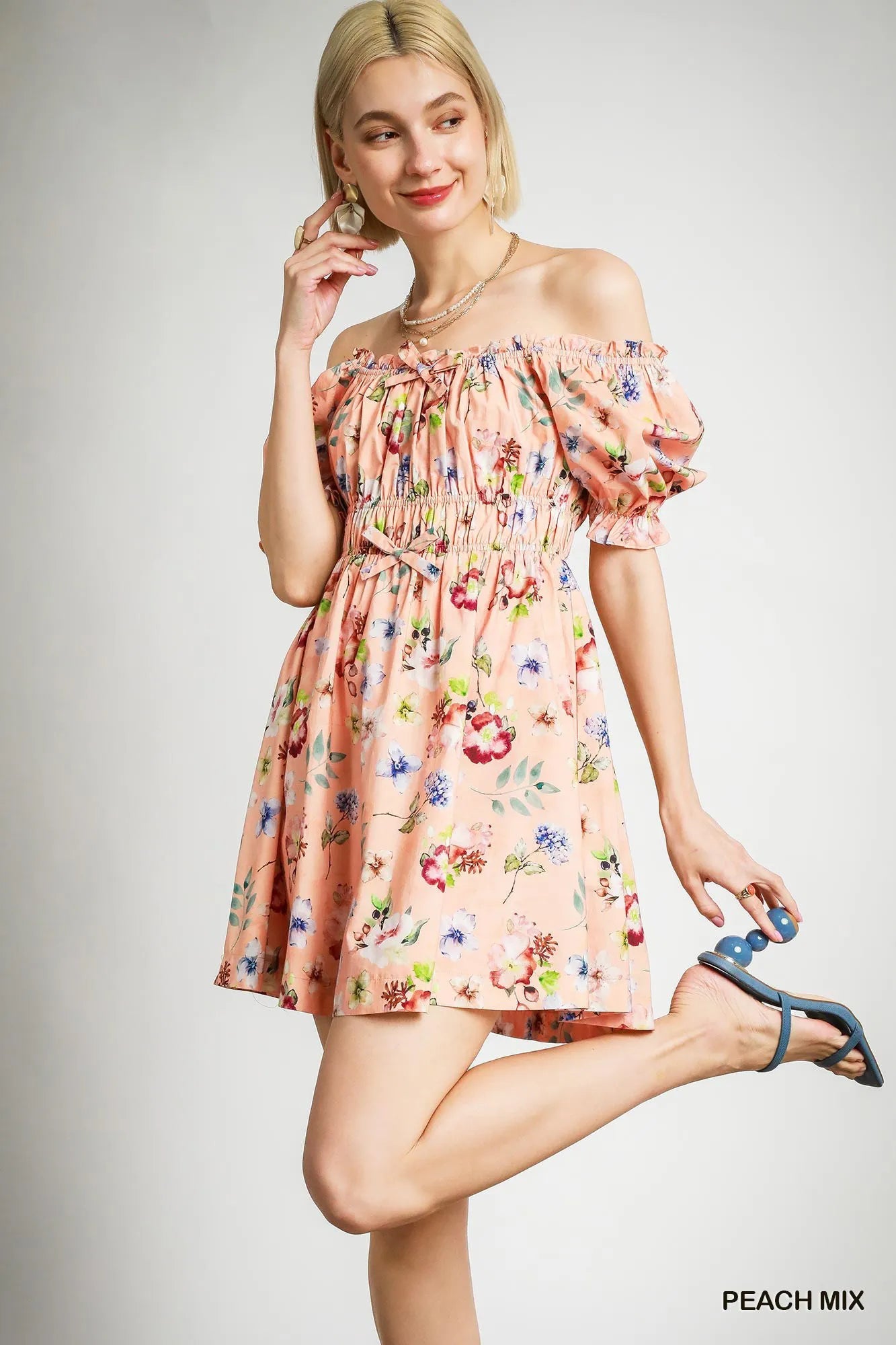 Floral Print Puff Sleeve Mini Dress - Peach Mix - product view 3