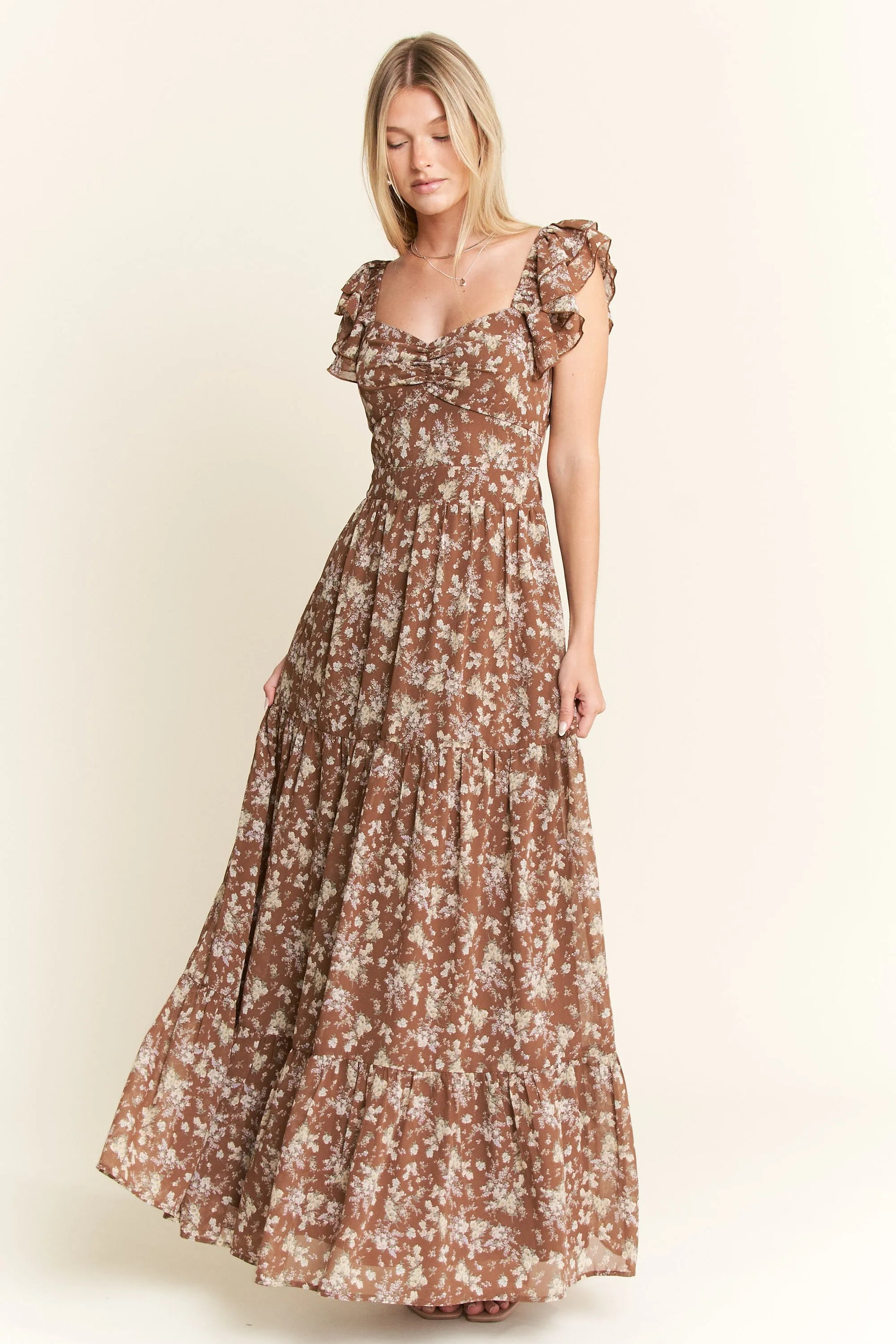 Ruffle Sleeve Tiered Maxi Dress - Mocha - product view 1